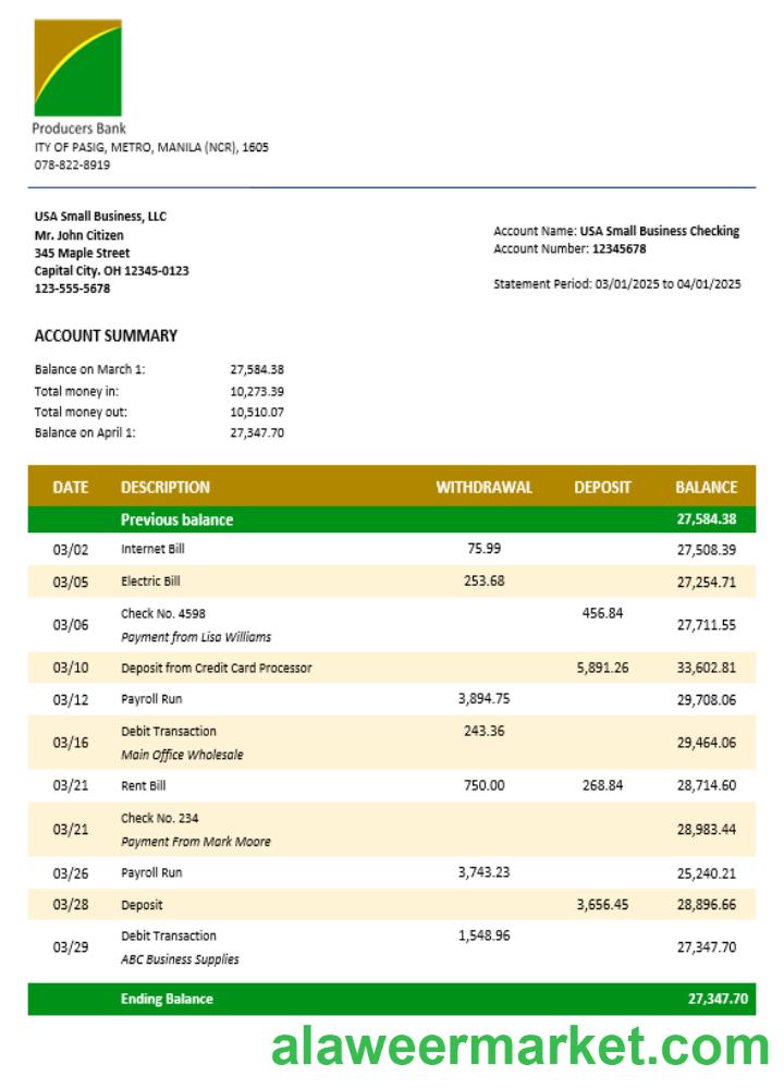 Producers Bank business bank statement Word and PDF format